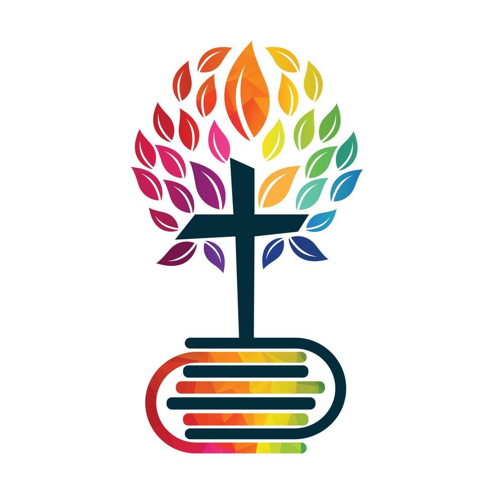 Bible Cross Tree Logo Design. Christian Church Tree Cross Vector Template Design.