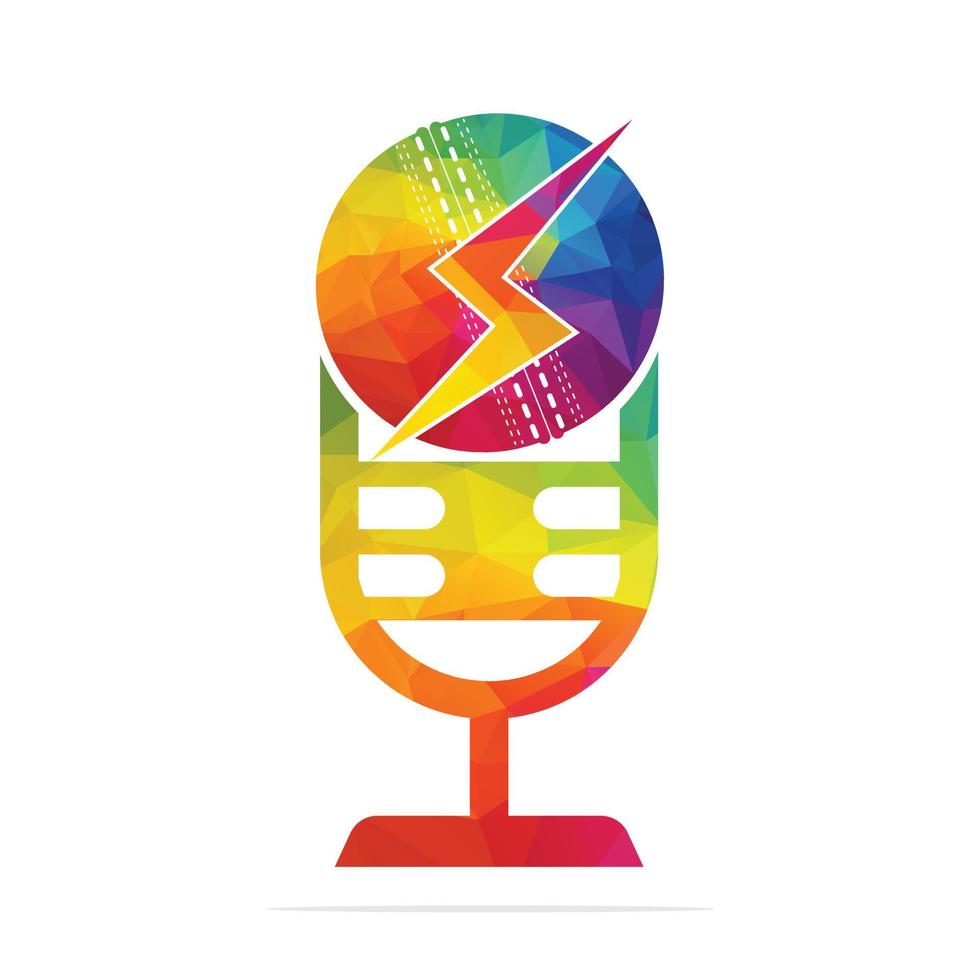 Cricket Podcast thunder logo in Trophy shape. Microphone and cricket ball logo concept design. vector