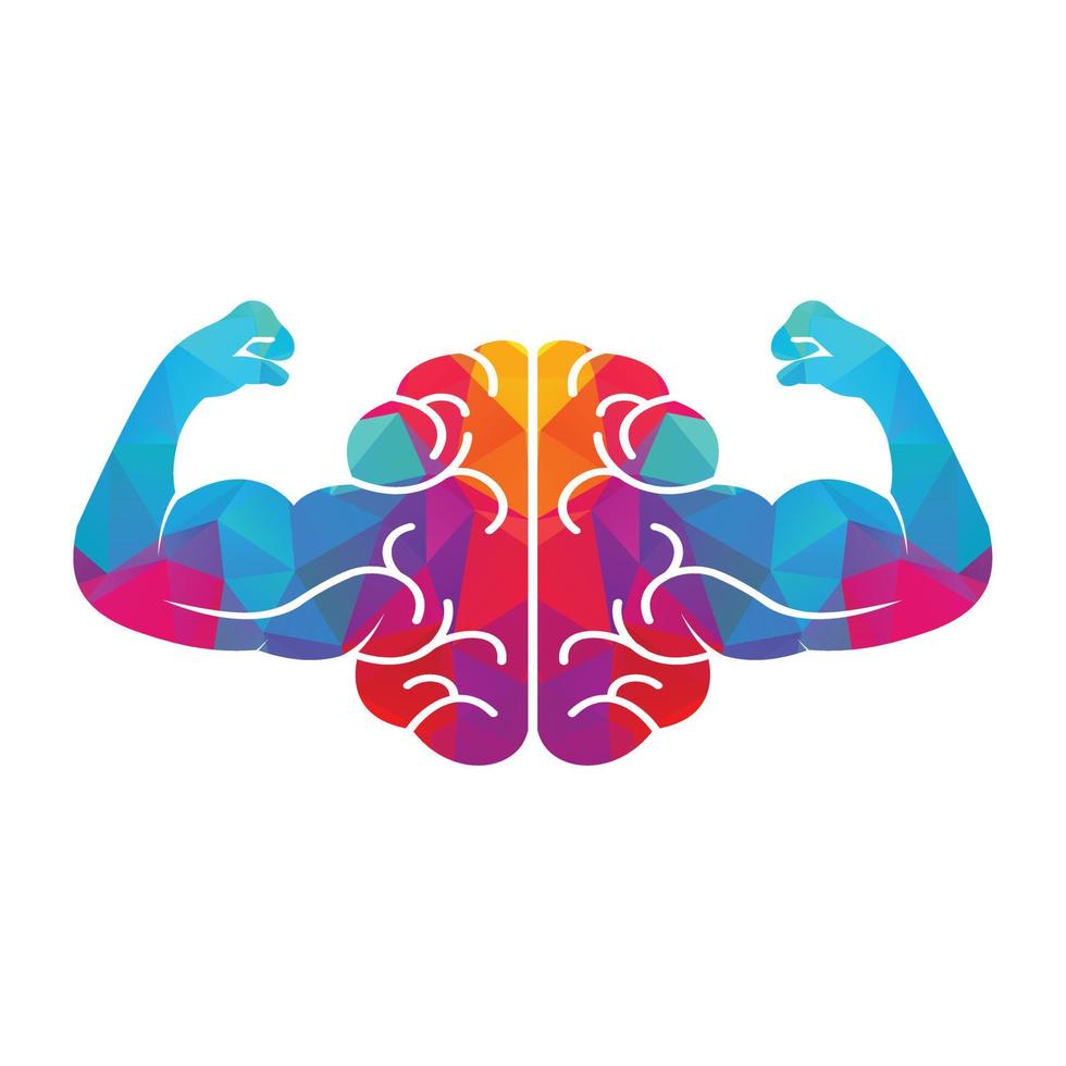 Strong brain vector logo design. Brain with strong double biceps.
