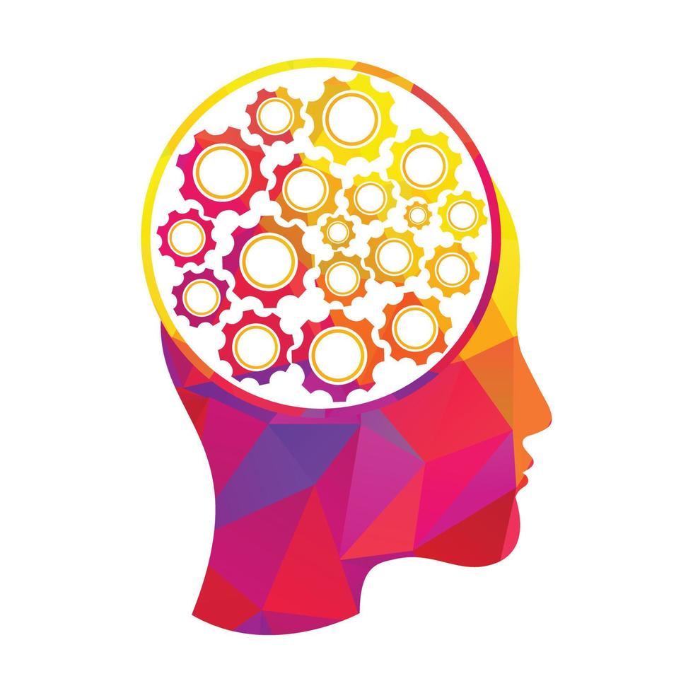 diseño de icono de logotipo de cabeza humana de tecnología. forma de cerebro de cabeza de mujer digital con genio de innovación de concepto de idea de engranajes. vector
