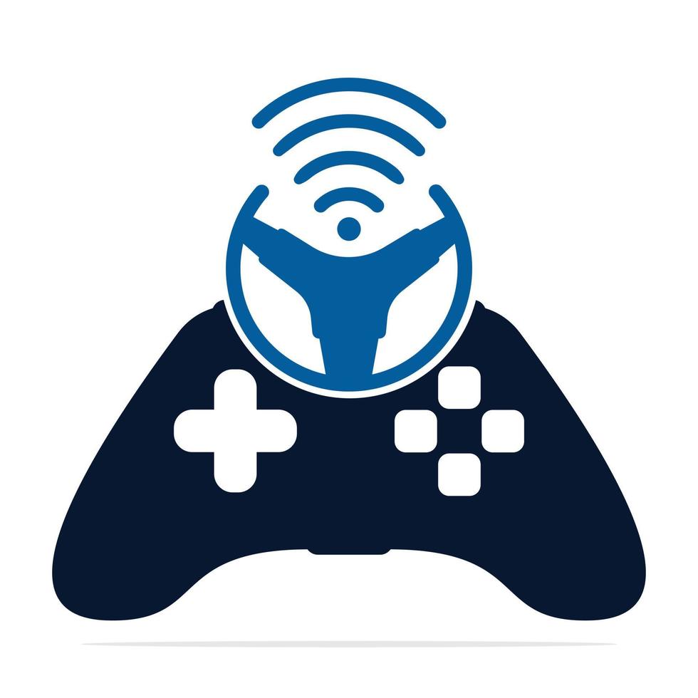 Steering wheel Joystick and wifi logo combination. Game steering wheel concept logo vector design.