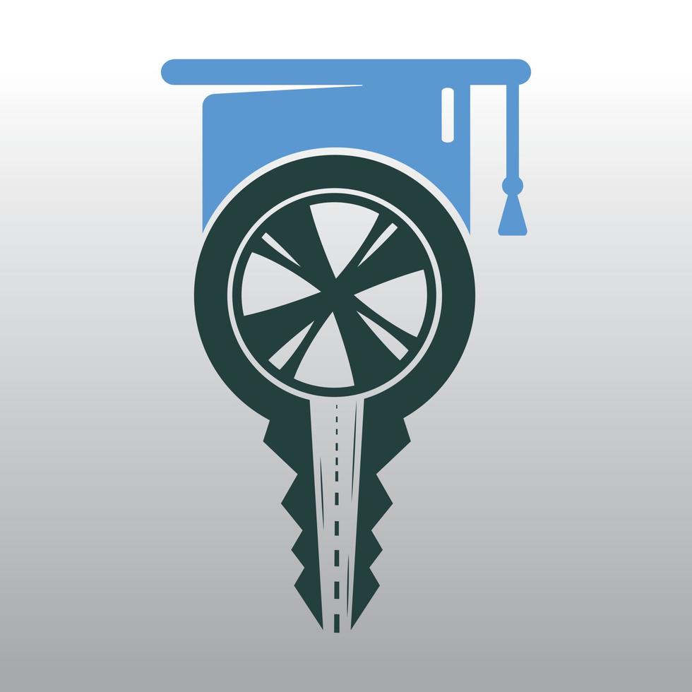 diseño del logotipo de la escuela de conducción. llave de coche con icono de carretera y nivel. vector