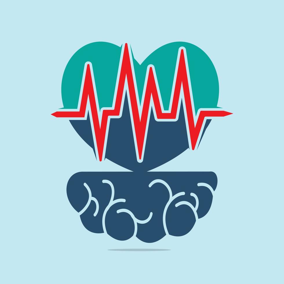 Heart with beat monitor pulse and brain combination. Brain and heart logo vector template.