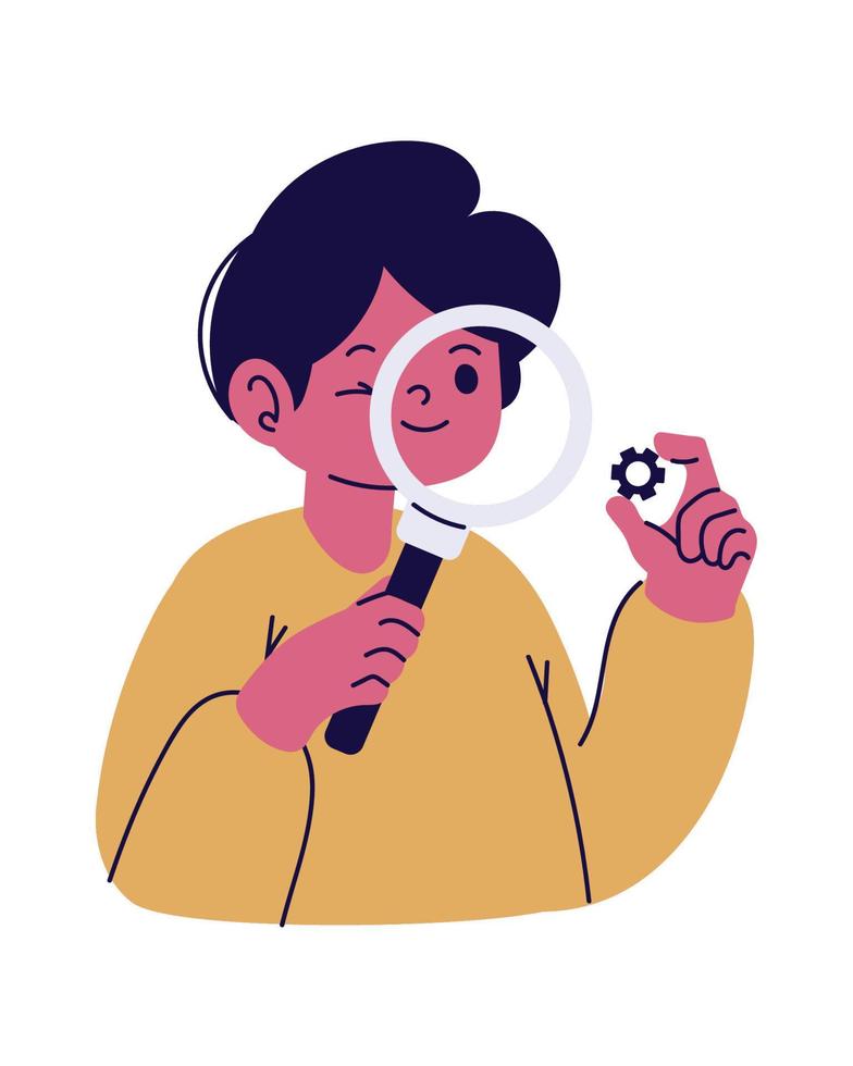 man with magnifier and gear vector