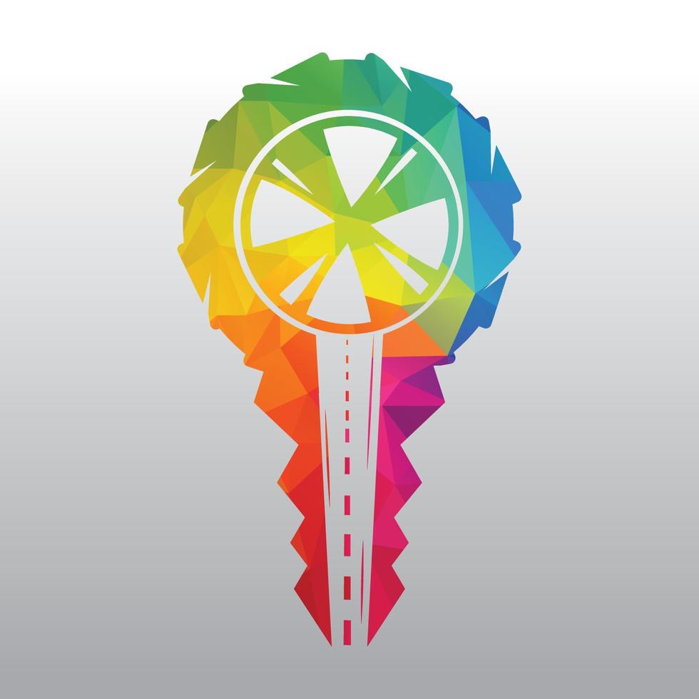 diseño del logotipo de la escuela de conducción. llave de coche con icono de carretera y nivel. vector