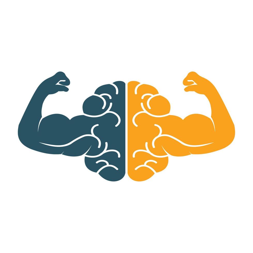 Strong brain vector logo design. Brain with strong double biceps.