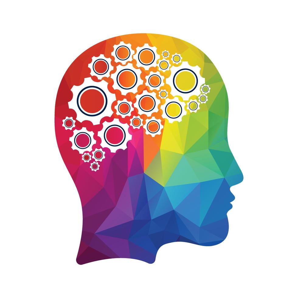 Technology Human Head Logo Icon Design. Digital woman head brain shape with gears idea concept innovation genius. vector
