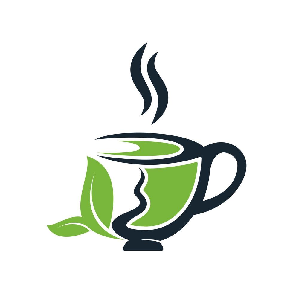 plantilla de diseño de logotipo de té verde fresco. taza de té verde y diseño de vector de logotipo de hojas.