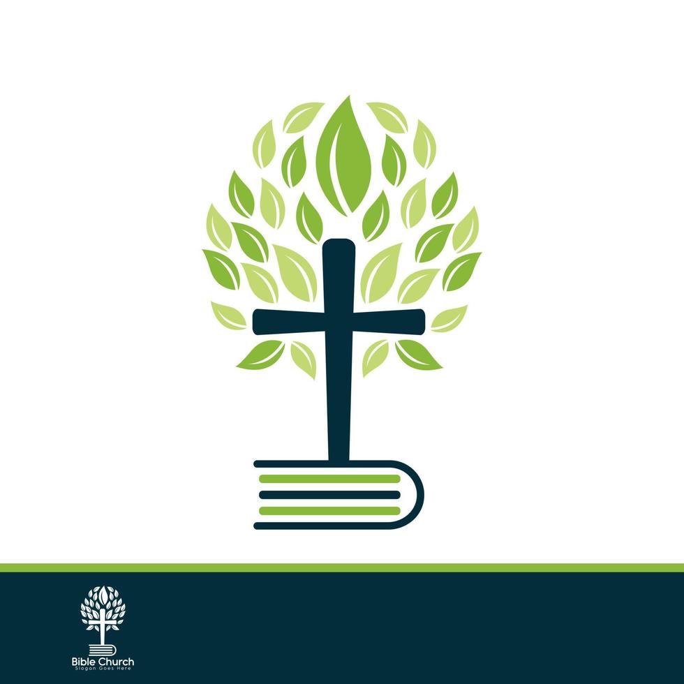 Bible Cross Tree Logo Design. Christian Church Tree Cross Vector Template Design.