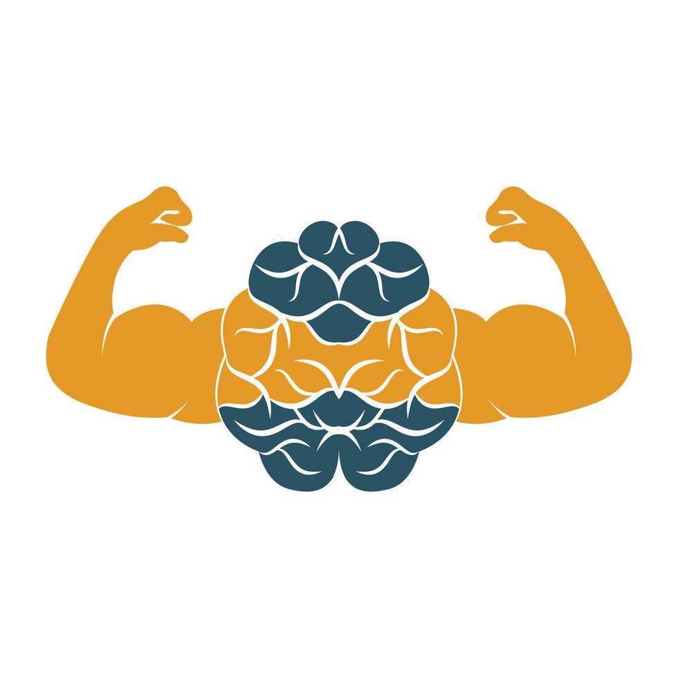 Strong brain vector logo design. Brain with strong double biceps.