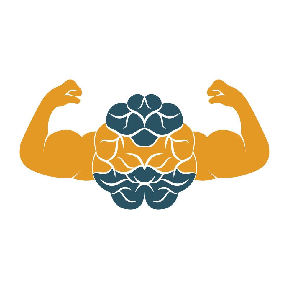 Strong brain vector logo design. Brain with strong double biceps.