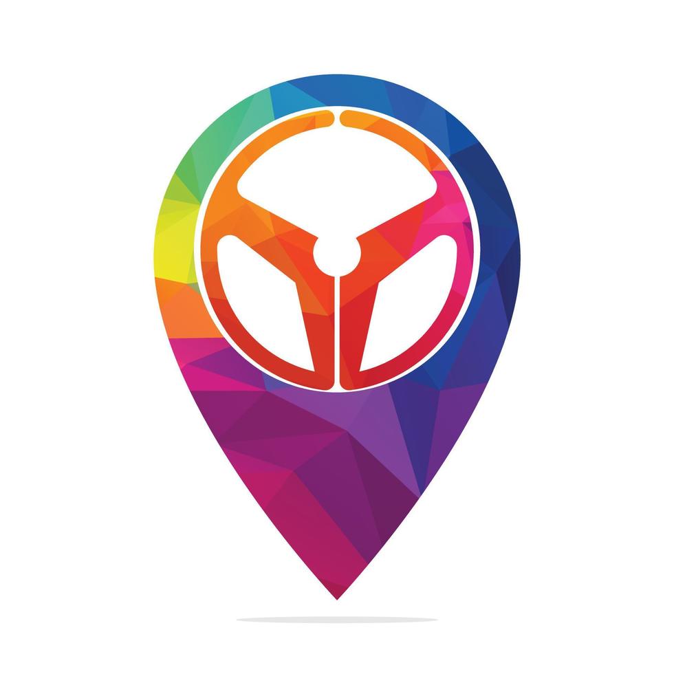 Combinación de logotipo de puntero de mapa y timón de coche. volante y diseño de vector de símbolo de localizador gps.