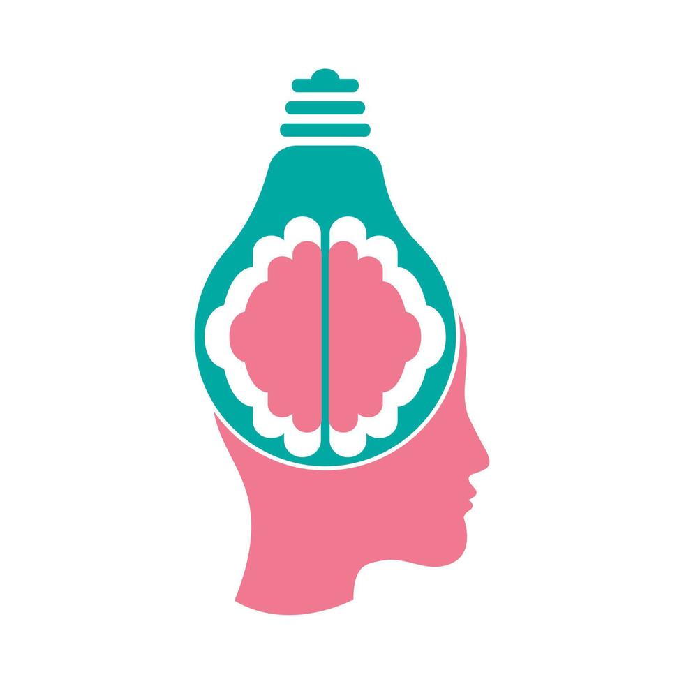 Bulb lamp and Brain in a female head. Human head brain and bulb lamp combination. vector