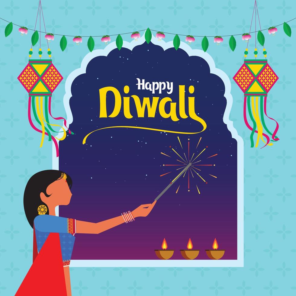 feliz celebración de diwali en la ventana india, ilustración de mujeres mano sosteniendo chispa vector