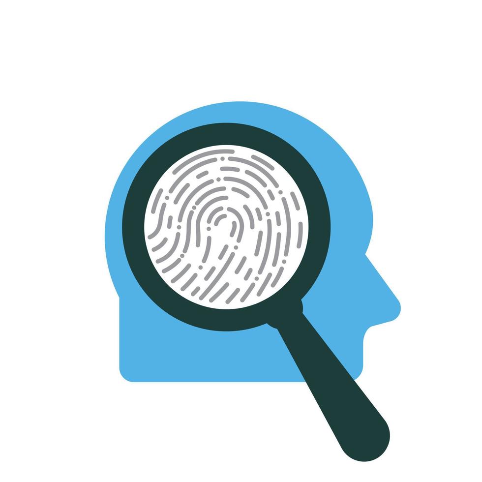 Magnifier Glass In Man Silhouette Mind. Finger print find in man head. vector