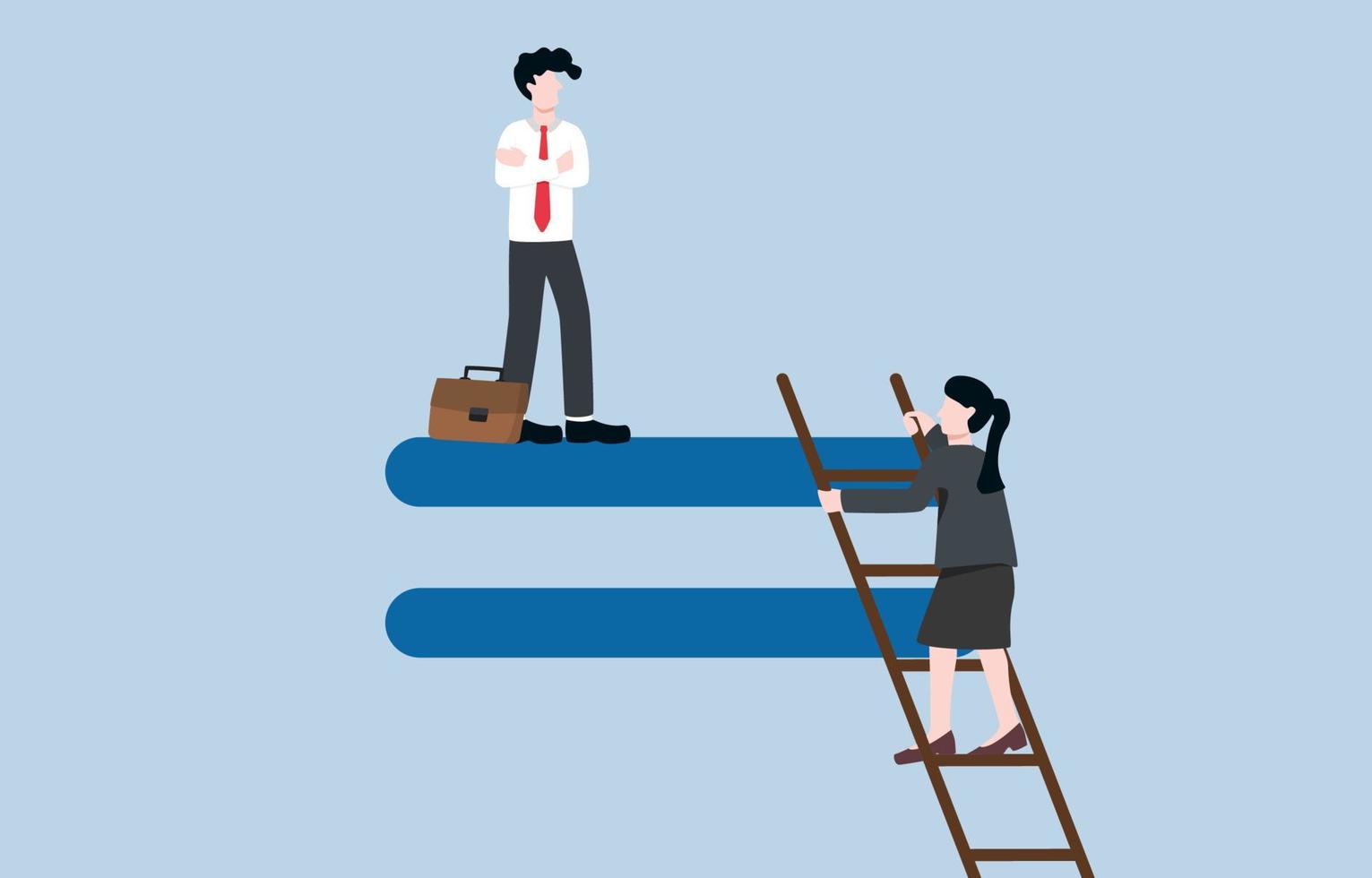 Gender inequality in office, challenge of woman to be accepted in organization, discrimination against lady, Businessman stand on equality sign while businesswoman climb up stair to reach same level. vector