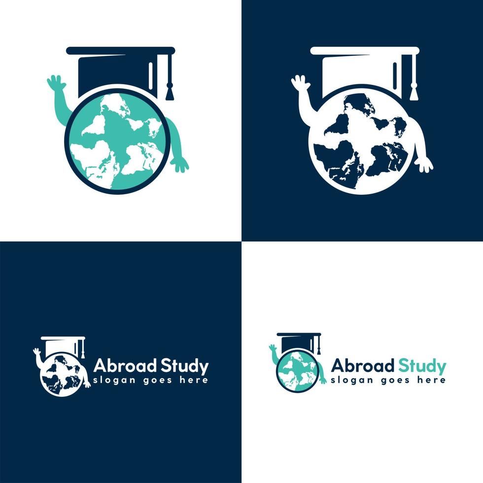 Study abroad vector logo design. Graduation cap with runner student and globe icon.