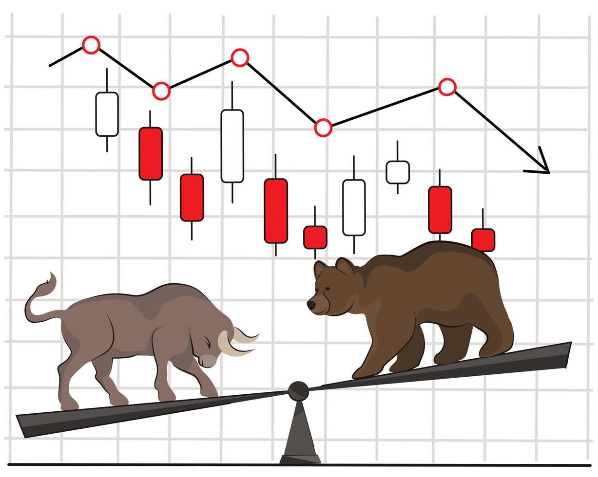 the superiority of the bear over the bull in the fight for a downtrend, on the scales as illustration of the stock market. graph with arrow down as symbol of the fall of the cryptocurrency. vector