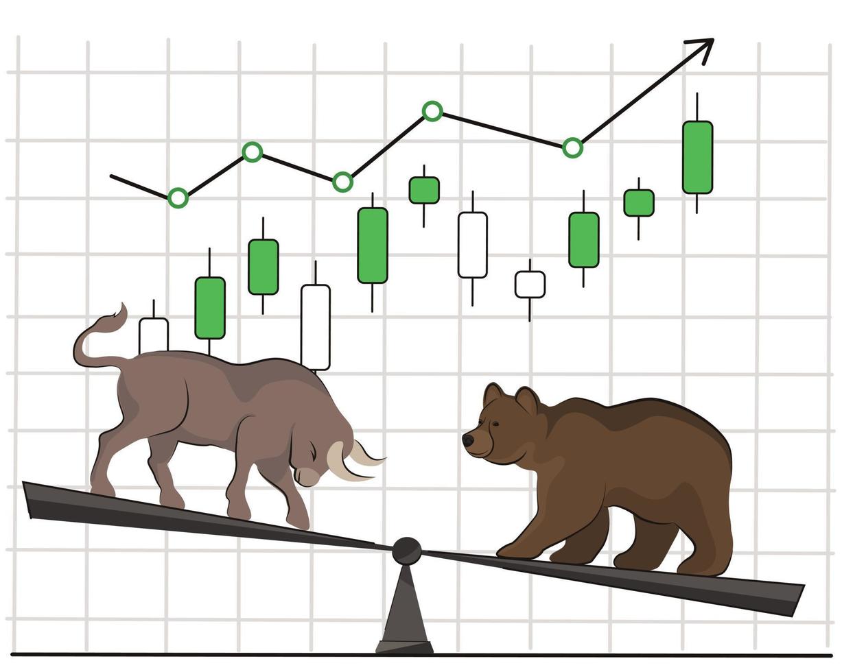 superioridad de los toros sobre los osos en la lucha por una tendencia alcista, en escalas como ilustración del mercado de valores. un gráfico con una flecha hacia arriba como símbolo del crecimiento de la criptomoneda. banner de vector de bolsa de valores