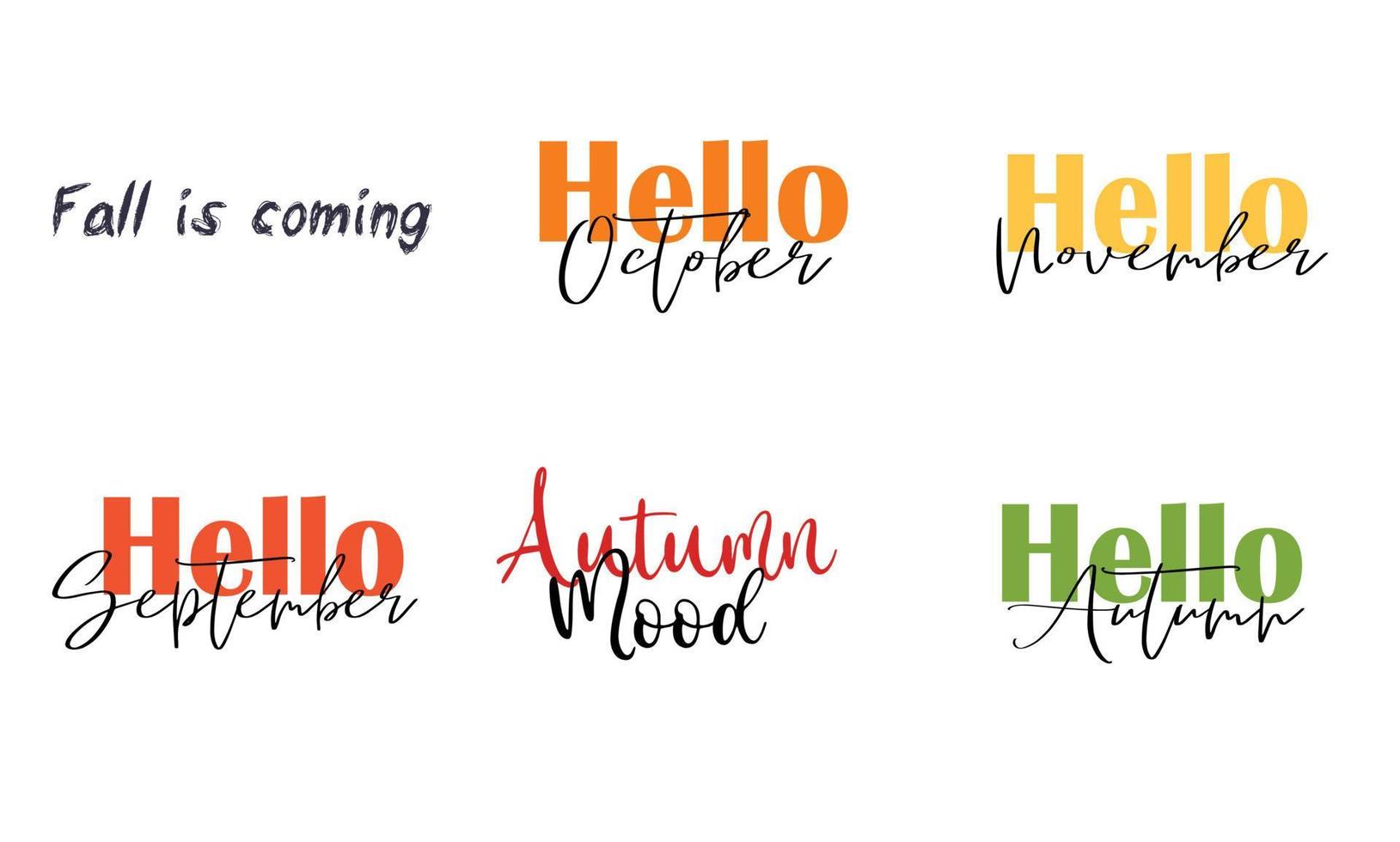Fall lettering set sticker banner inscription on an autumn theme with leaves of different colors with acorns rowan mushrooms and spikelets. vector flat illustration