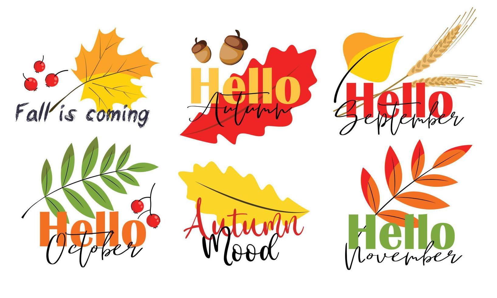 Fall lettering set sticker banner inscription on an autumn theme with leaves of different colors with acorns rowan mushrooms and spikelets. vector flat illustration