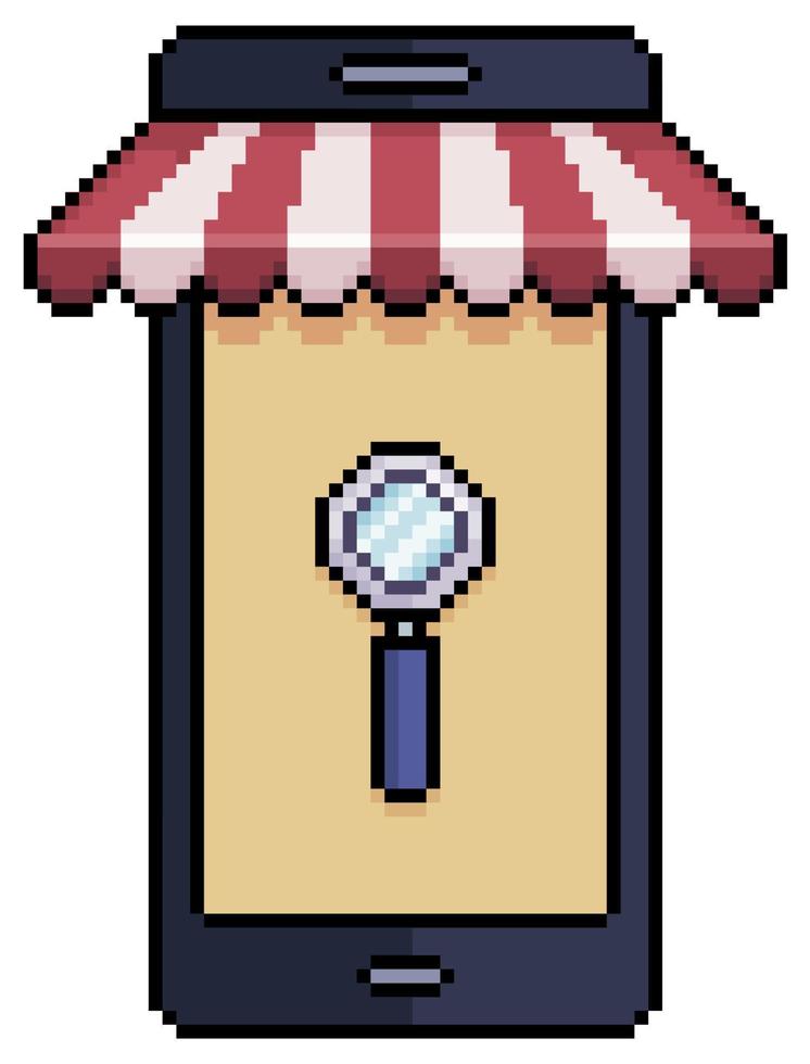 teléfono móvil de pixel art con toldo de tienda e icono de lupa. icono de vector de búsqueda de tienda en línea para juego de 8 bits sobre fondo blanco