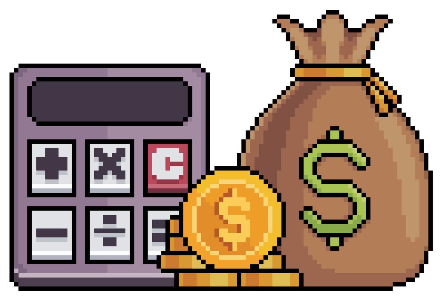 Pixel art calculator and money bag vector icon for 8bit game on white background