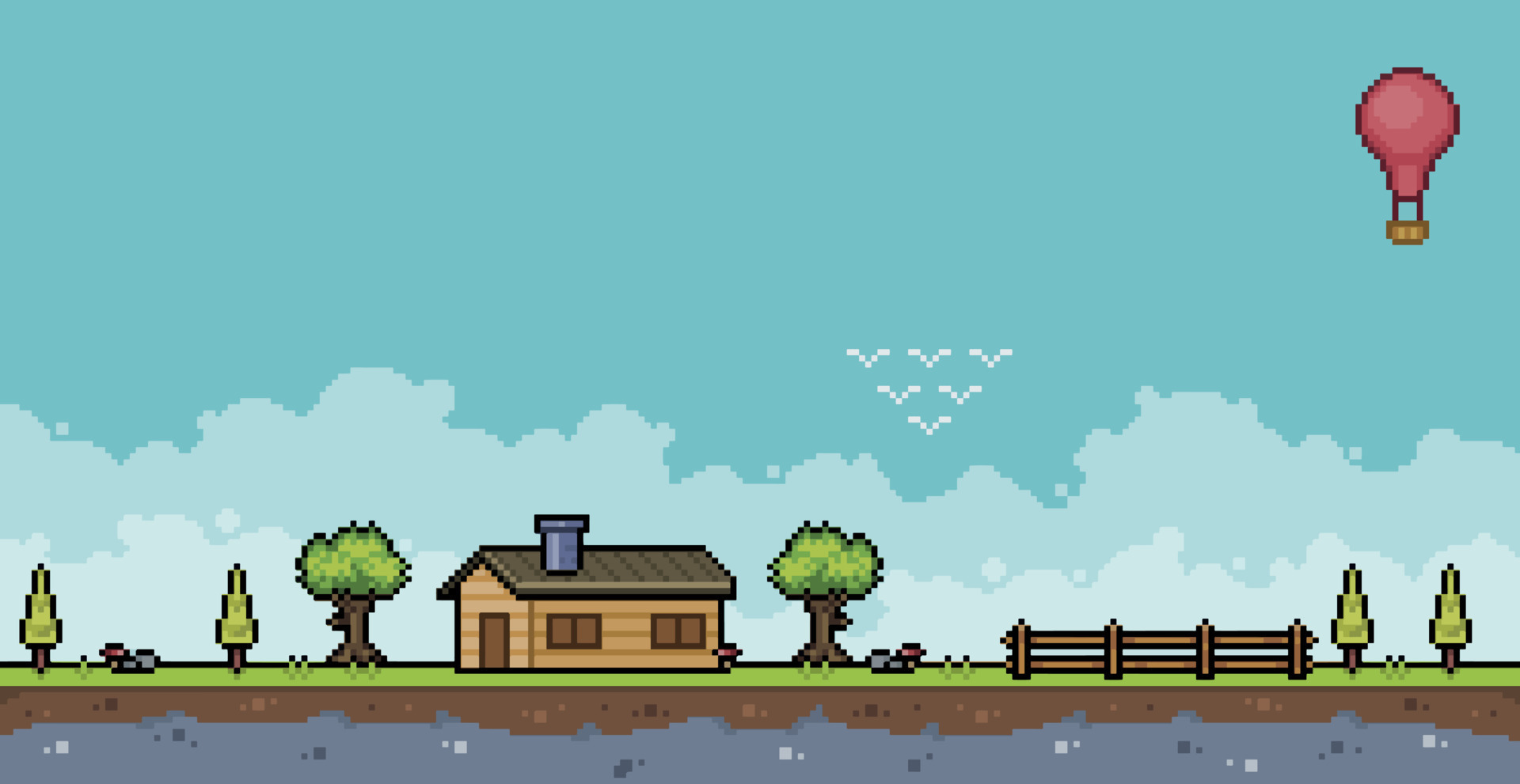 Pixel art countryside landscape. Farm with house, fence and trees 8 bit