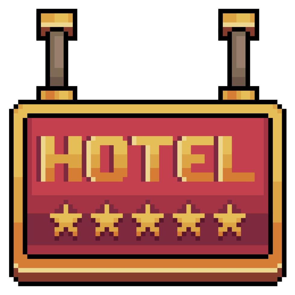Pixel art 5 star hotel sign. red and gold plate vector icon for 8bit game on white background