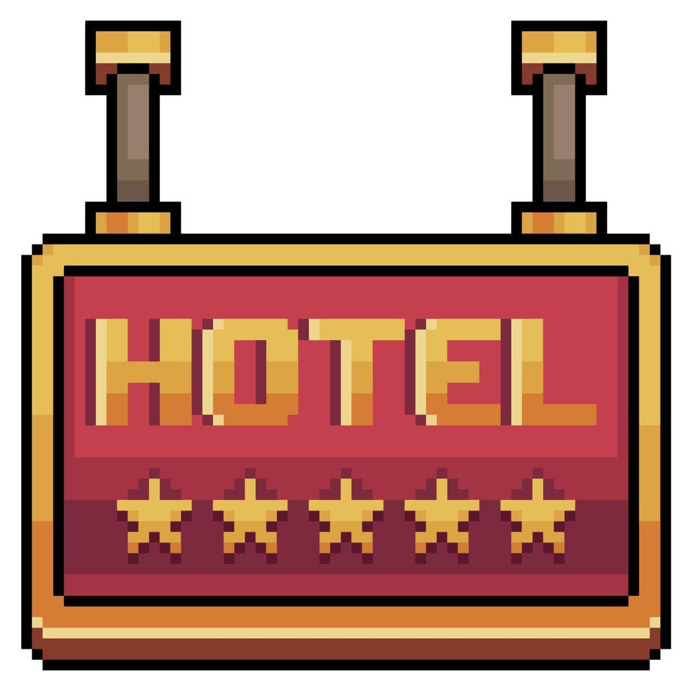 signo de hotel de 5 estrellas de pixel art. icono de vector de placa roja y dorada para juego de 8 bits sobre fondo blanco