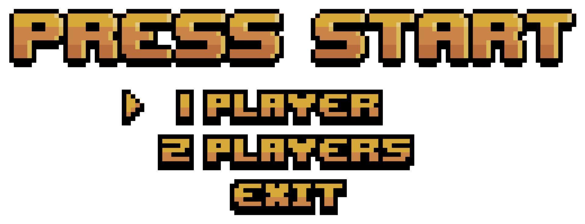 Pixel art game start menu, press start, select players and exit vector for 8bit game on white background