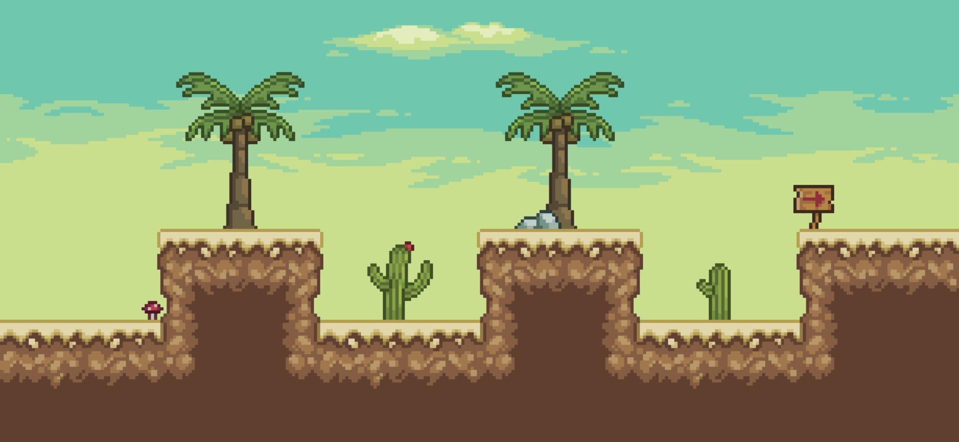 escena de juego del desierto de pixel art con palmera, cactus, vector de fondo de 8 bits
