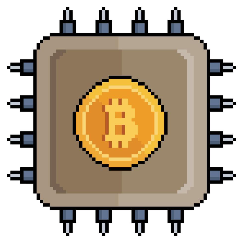 Pixel art bitcoin processor, cryptocurrency processing vector icon for 8bit game on white background