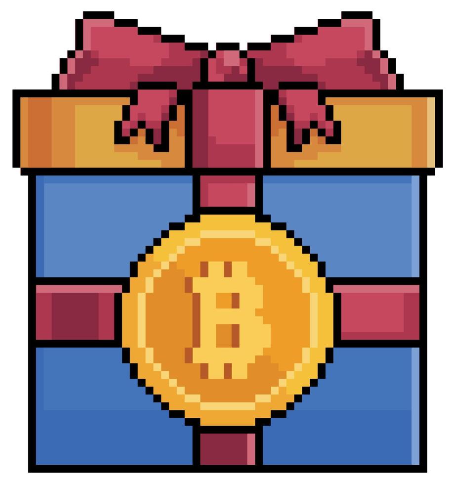 regalo de bitcoin de pixel art, icono de vector de recompensa de criptomoneda para juego de 8 bits sobre fondo blanco