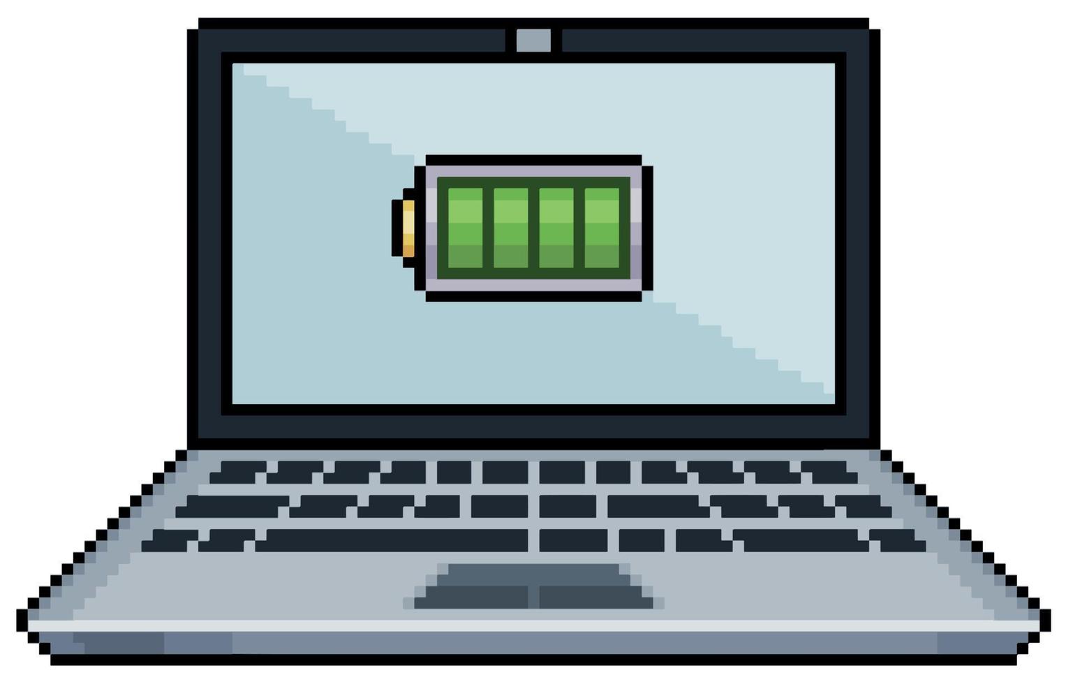 Pixel art laptop with charged battery icon, open laptop vector icon for 8bit game on white background