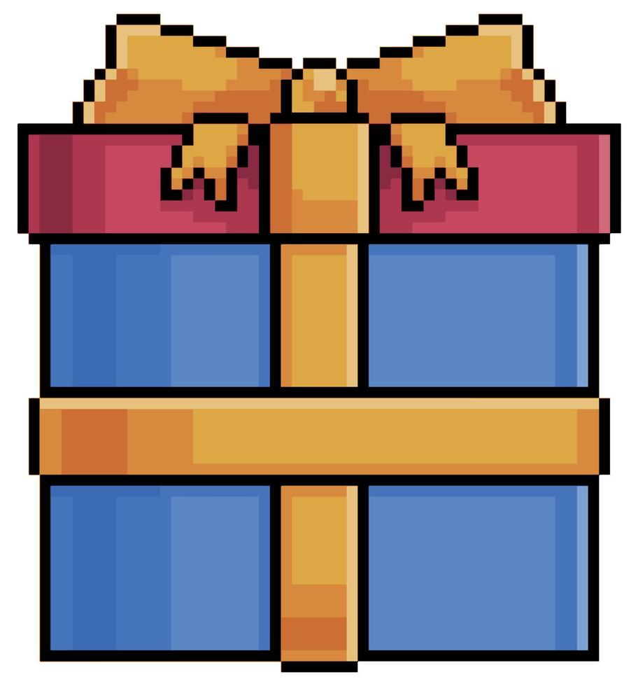 pixel art caja de regalo azul y roja con icono de vector de cinta dorada para juego de 8 bits sobre fondo blanco