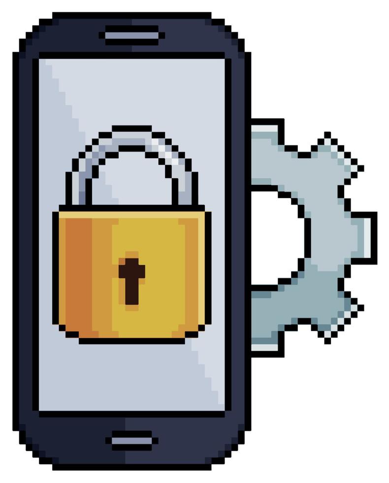 Pixel art cell phone with padlock and gear vector icon for 8bit game on white background
