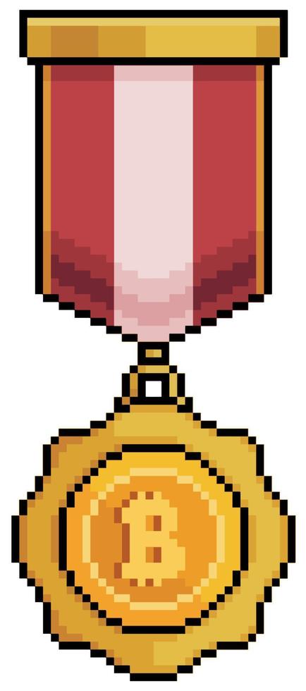 Pixel art bitcoin medal, cryptocurrency award vector icon for 8bit game on white background