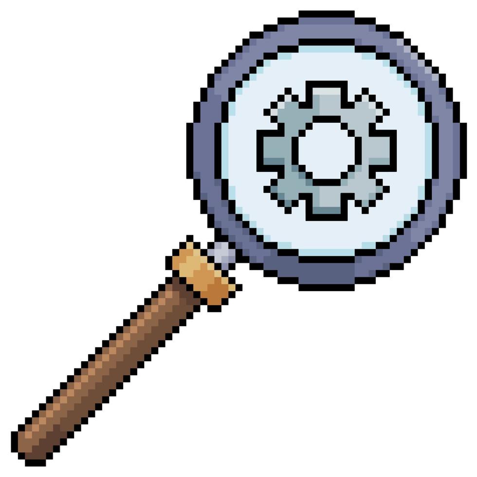 Pixel art magnifying glass and gear. Settings analysis vector icon for