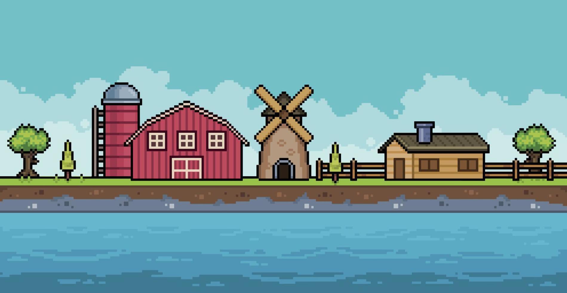 granja paisajística de pixel art en la costa con casa, granero, silo y molino fondo de juego de 8 bits vector