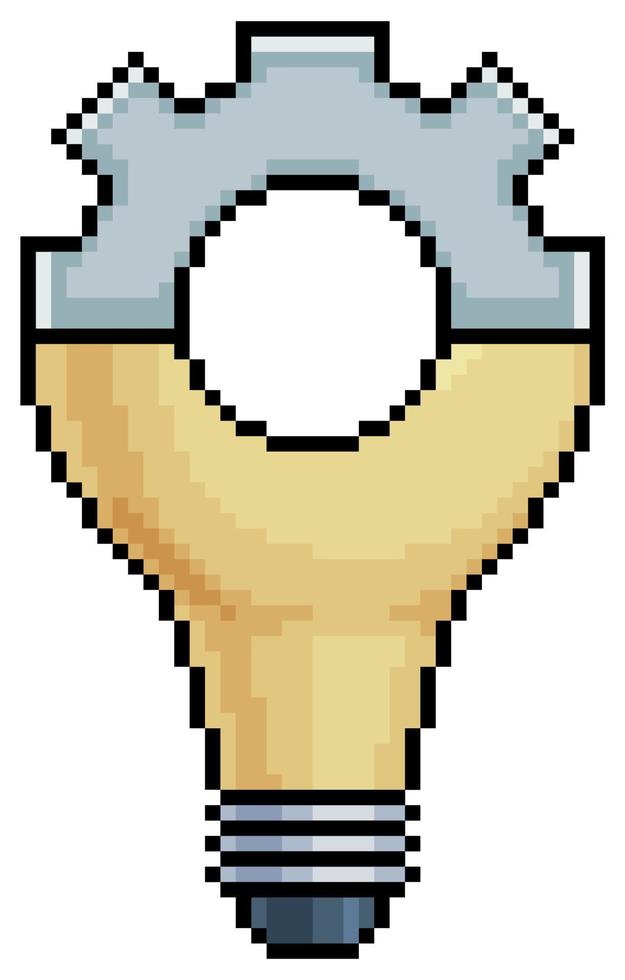 Pixel art lamp gear. Idea and strategy concept vector icon for 8bit game on white background
