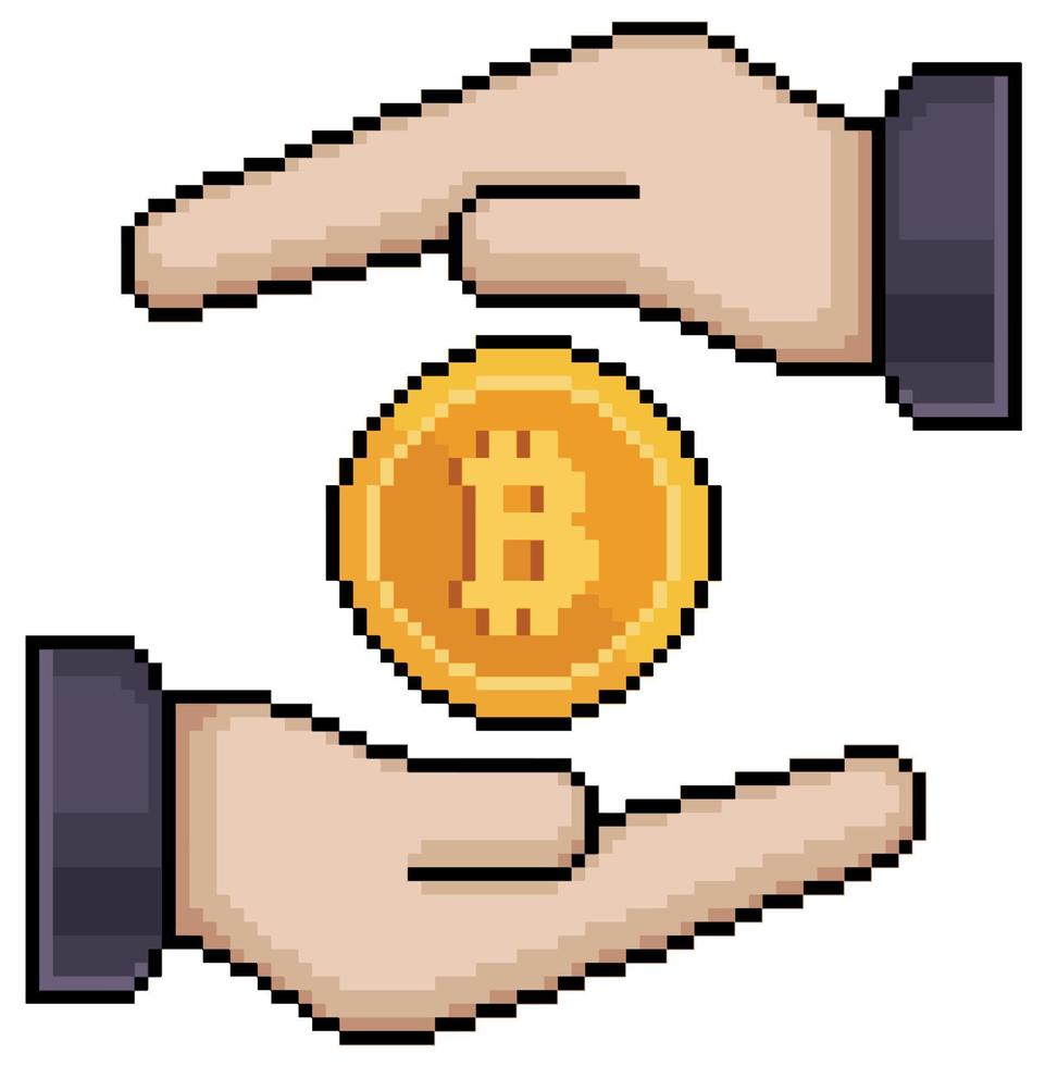 Pixel art hands holding bitcoin vector icon for 8bit game on white background