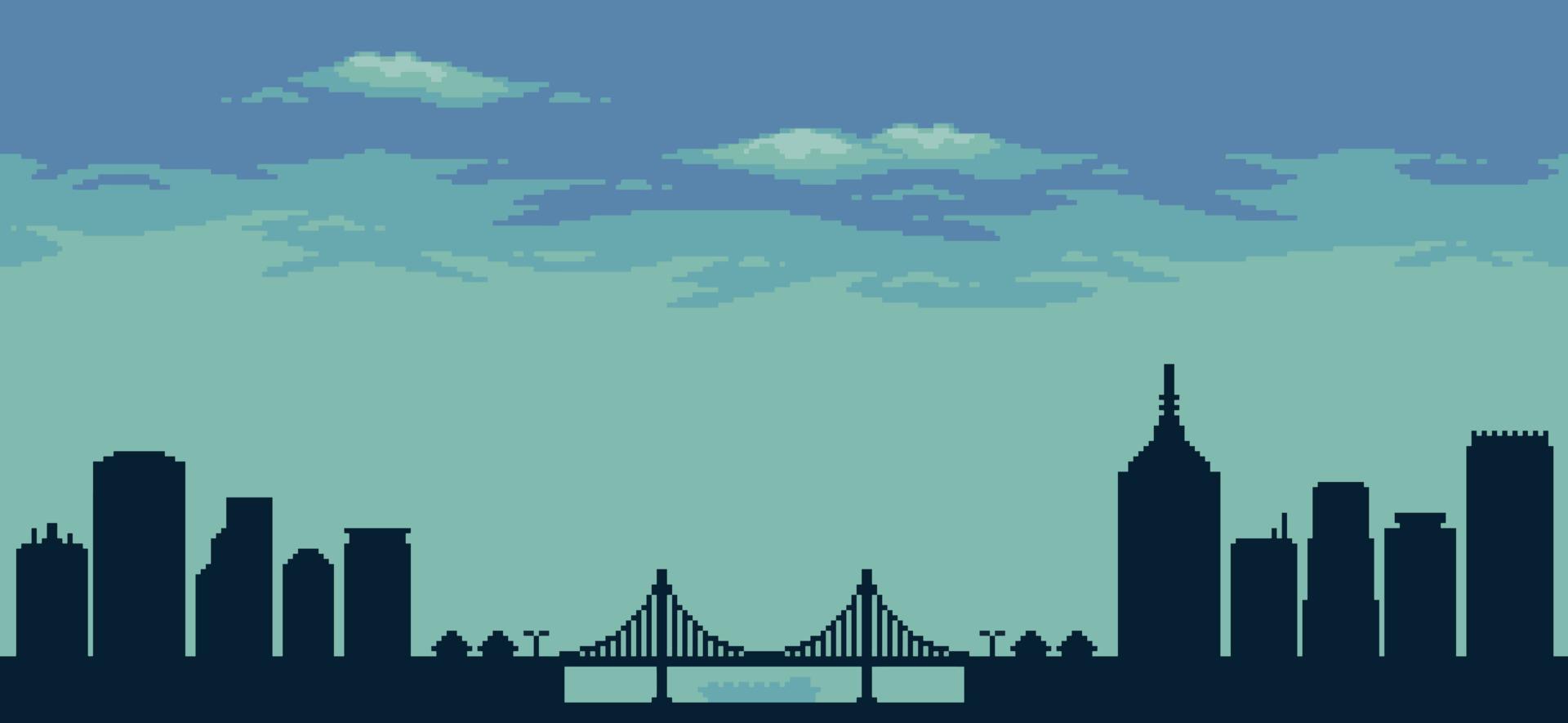 pixel art ciudad fondo azul con edificios, construcciones, puente y cielo nublado para juego de 8 bits vector