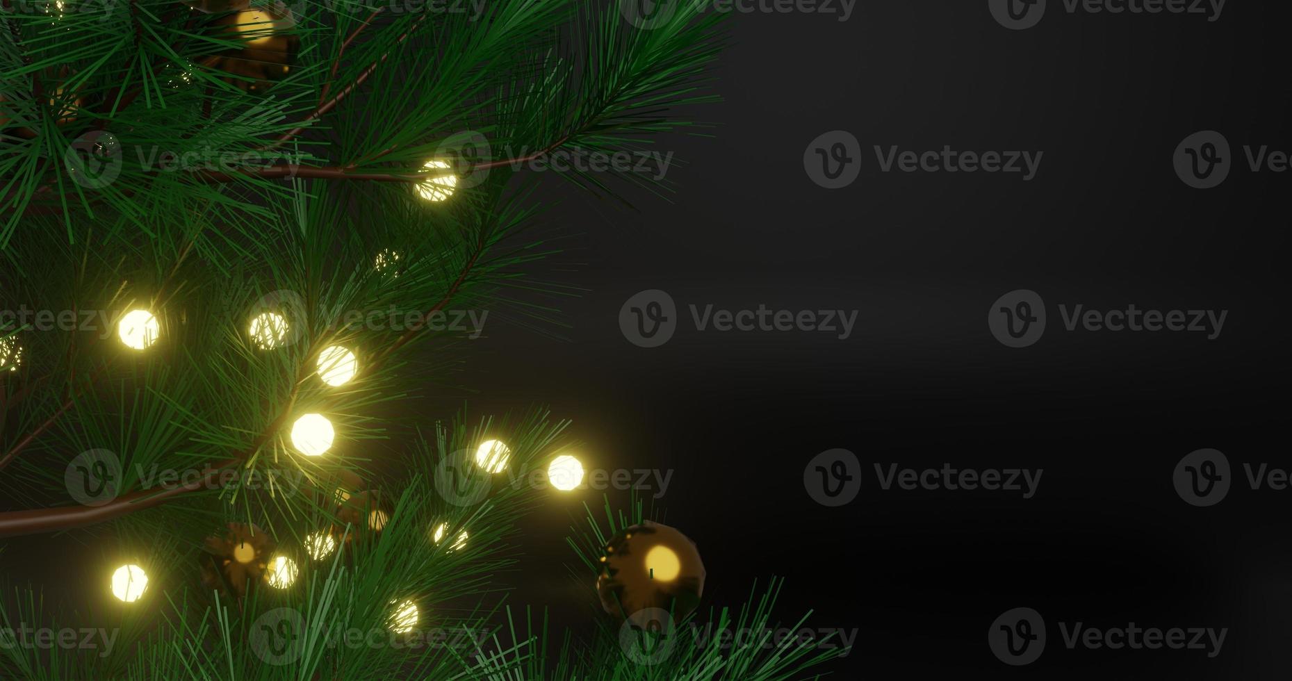 background design with christmas themed pine tree trunk and leaves and accessories, blank space on right is black, 3d rendering and 4K size photo