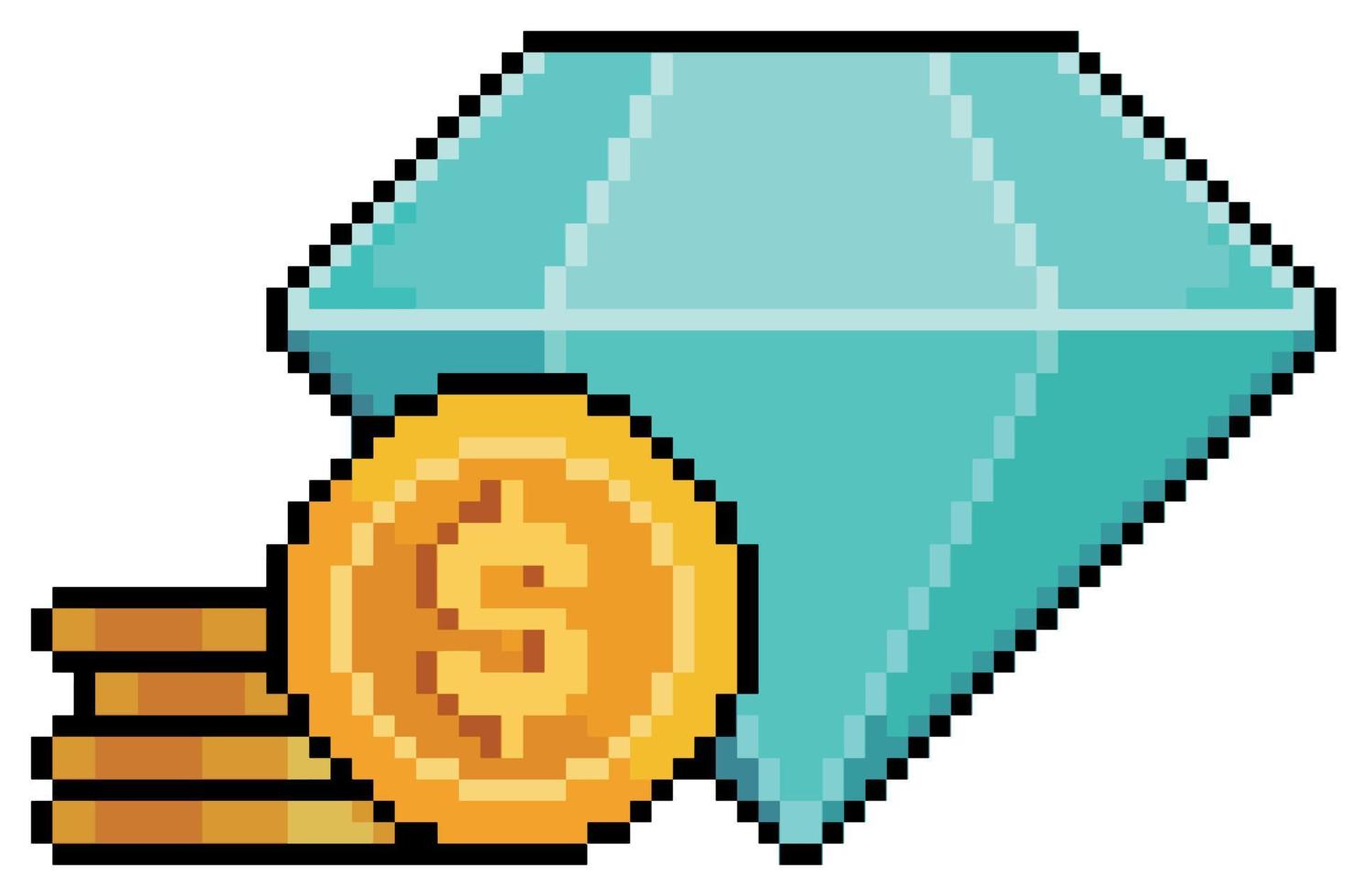 Pixel art diamond and coins. gemstone and money vector icon for 8bit game on white background