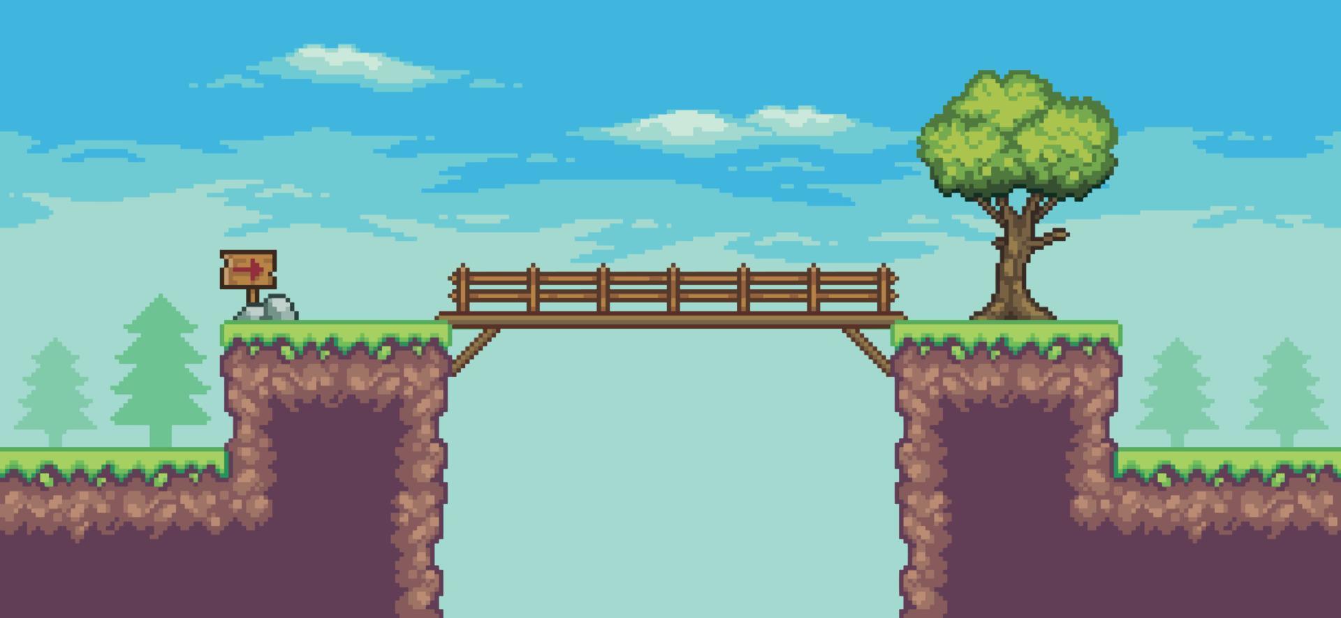 escena de juego de arcade de arte de píxeles con árbol, puente, tabla de madera y fondo vectorial de nubes de 8 bits vector