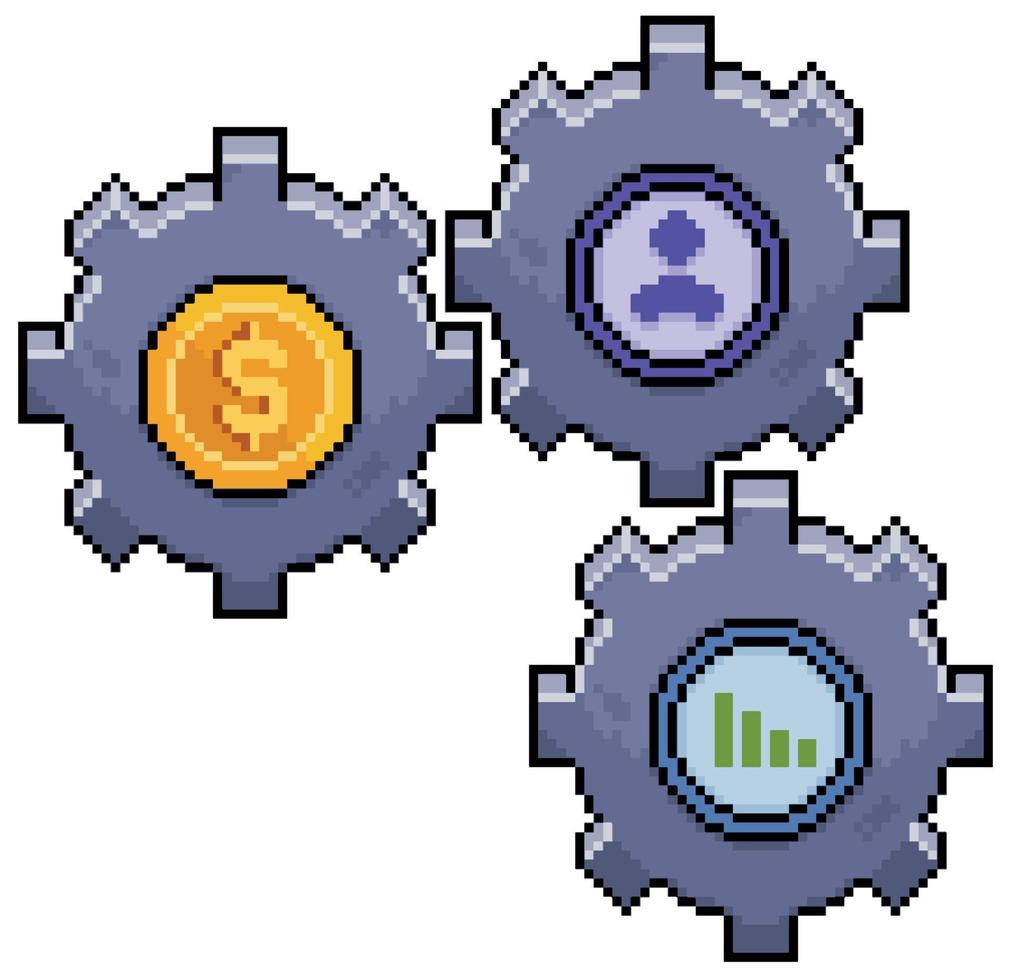 Pixel art market forces. Gears with money, people and graphics icon vector icon for 8bit game on white background