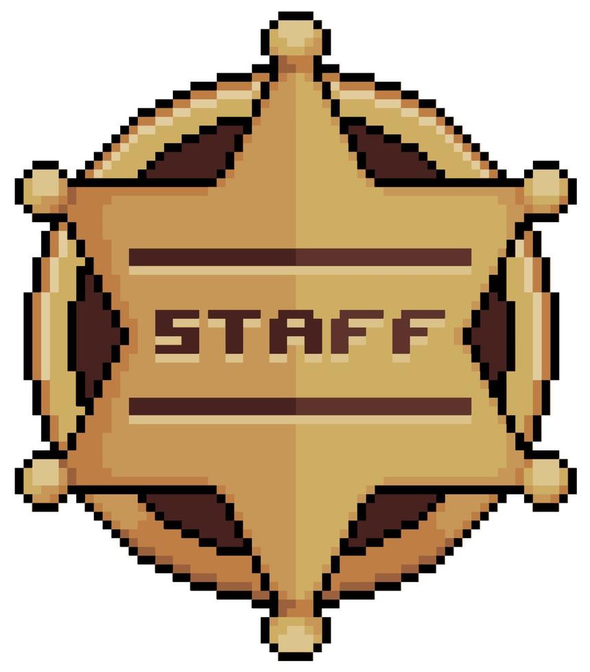 Pixel art staff emblem. Staff badge vector icon for 8bit game on white background