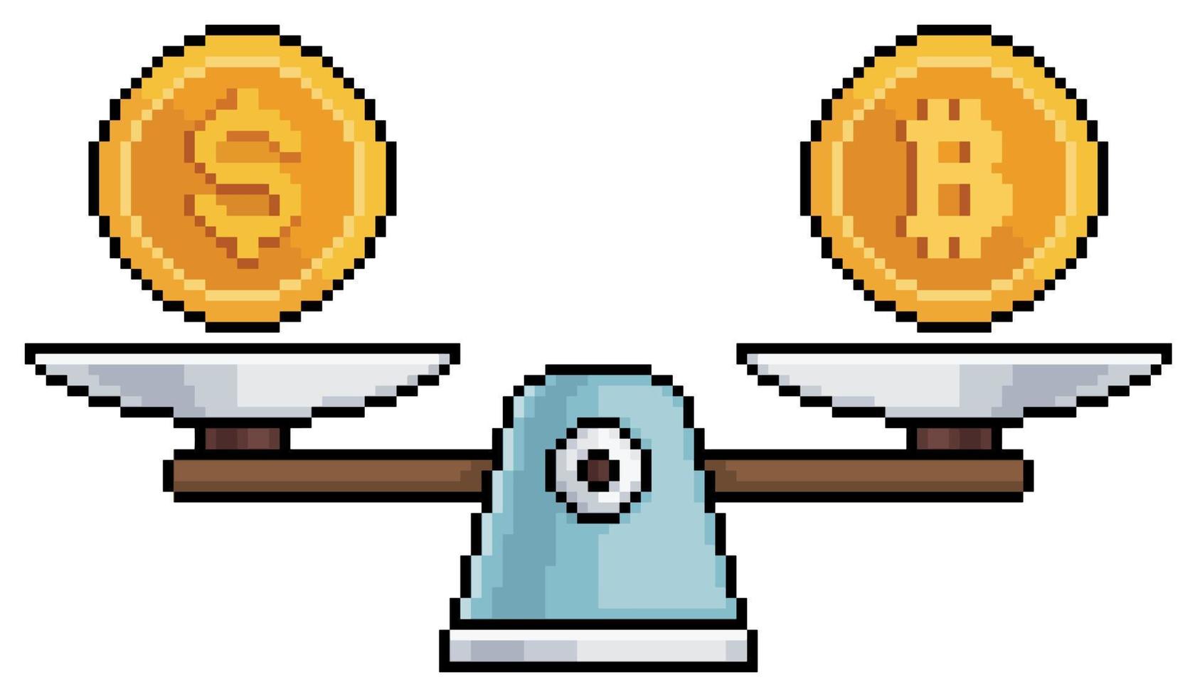 Pixel art scale with dollar and bitcoin, scale balance with money and cryptocurrency vector icon for 8bit game on white background