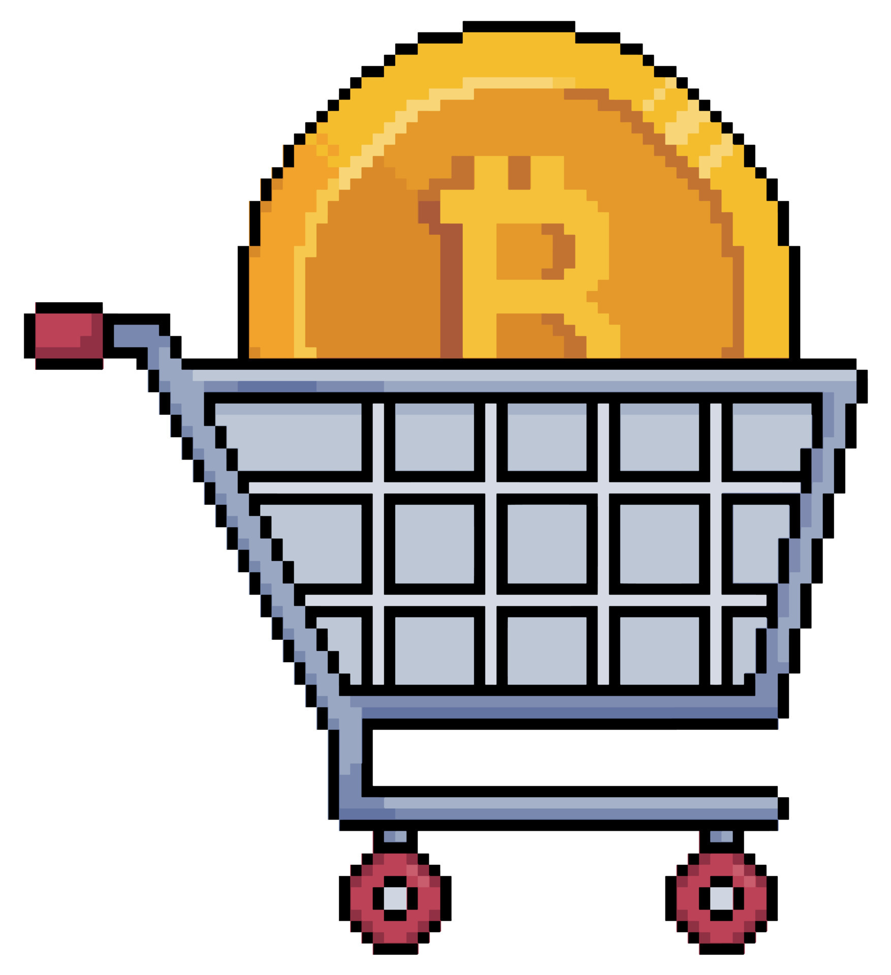 Pixel art shopping cart with bitcoin vector icon for 8bit game on white